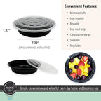 MULMEHË Plastic Food Storage Take-Out Container and Lid Combo, 32 oz, Microwaveable, Round, Black, 7x2”, Set of 150