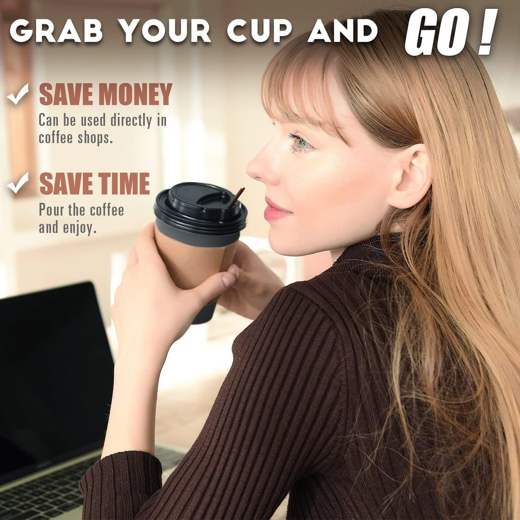 【100 Pack - 12 oz Disposable Coffee Cups To Go with Lids Sleeves and Straws 100% Biodegradable & Compostable Pla Eco Friendly Paper Coffee Cups for Tea Coffee Hot Chocolate