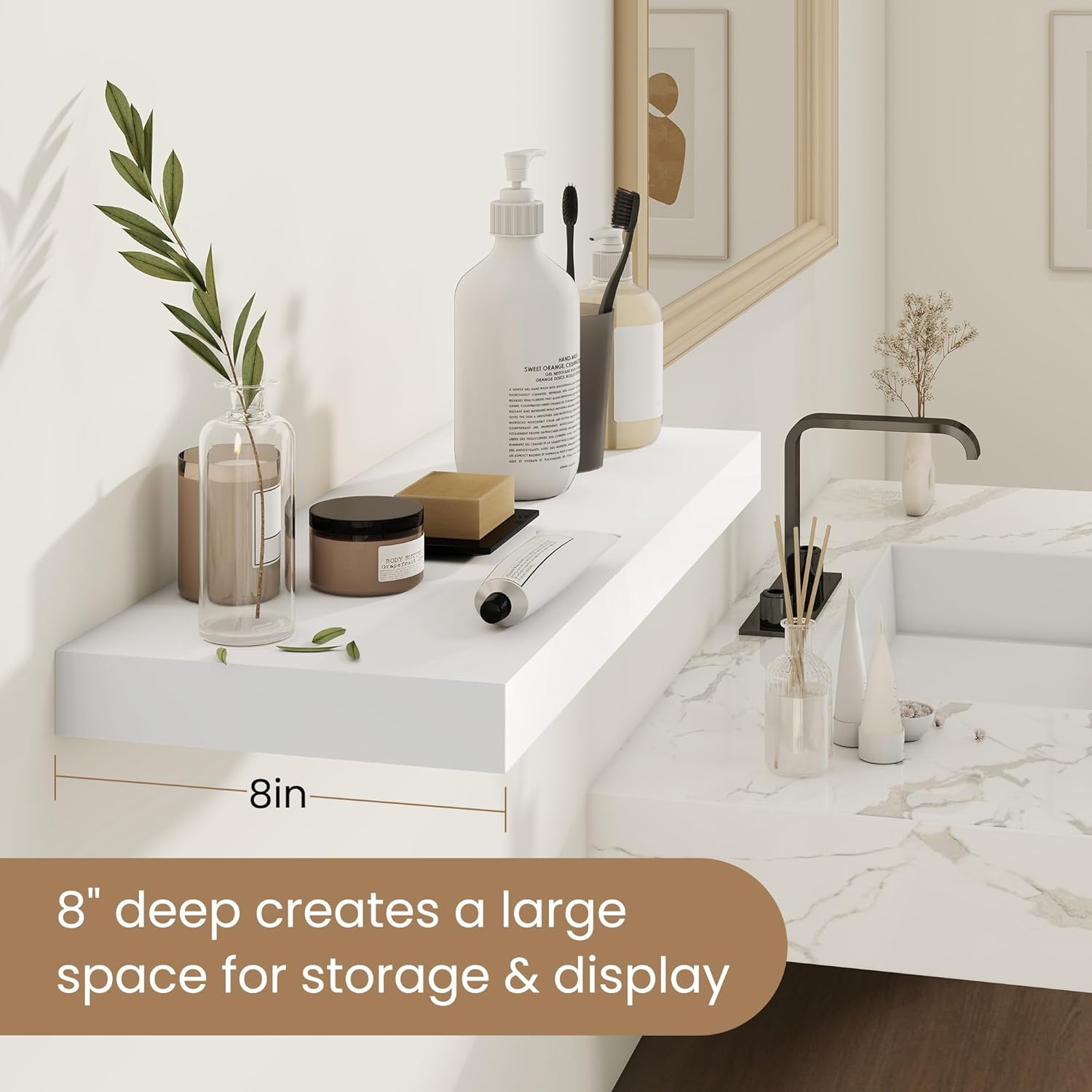 Floating Shelves for Wall, Real Wood Floating Shelf Set of 2, 8 Inch Deep Floating Shelves, Rustic Wood Wall Shelf for Home Decor, Deep Storage Shelves for Bathroom, Kitchen, 16"W x 8"D, White Color