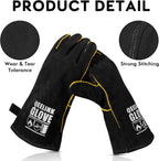 QeeLink Welding Gloves - Heat Resistant Leather and Fireproof Stitching for Fireplace Fire Pit Wood Stove BBQ Gardening Gear