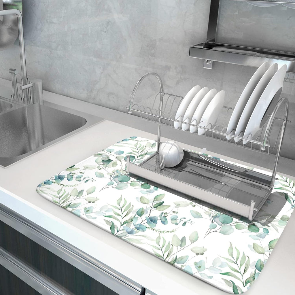 Sage Green Leaves Dish Drying Mats for Kitchen Counter 18x24 Inch, Leaves Kitchen Drying Mat,Watercolor Herbs Dishes Pad Dish Drainer Rack Mats Absorbent Fast Dry Kitchen Accessories