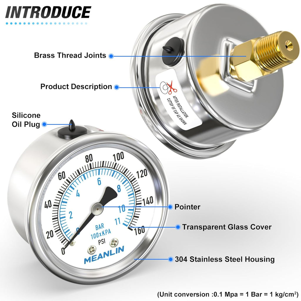 MEANLIN MEASURE 0~160Psi Dry Pressure Gauge Stainless Steel 1/4" NPT 2" FACE DIAL Waterproof for Air Compressor RV Regulator Water Pressure Tester Black Mount, with 1/2" NPT and 3/8" NPT Hex Bushing