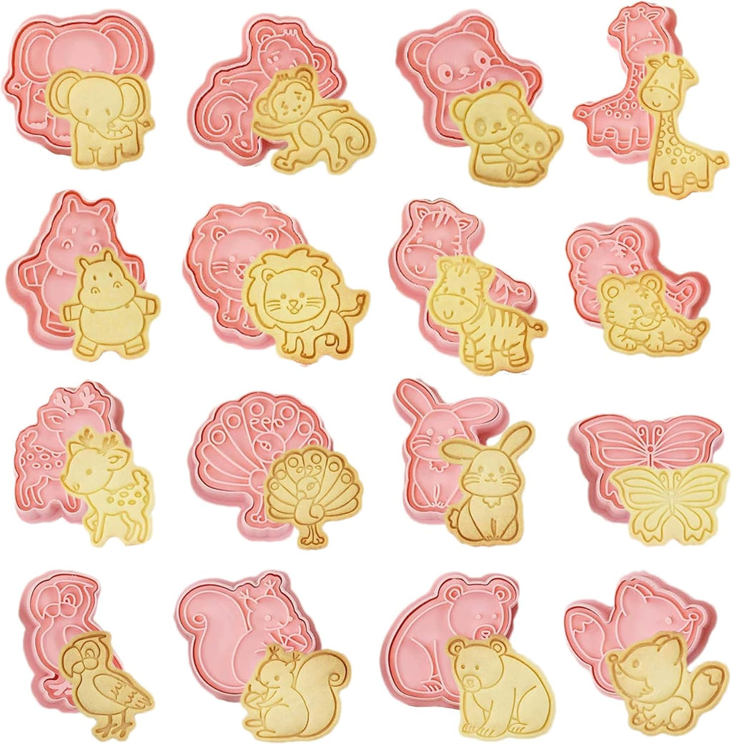 16pcs Animal Cookie Cutter Stamps Set, Lion, Panda, Forest Themed Plunger Stampers for Baking, Plastic Biscuit Molds for DIY Cookies, Cake Decor(J16)