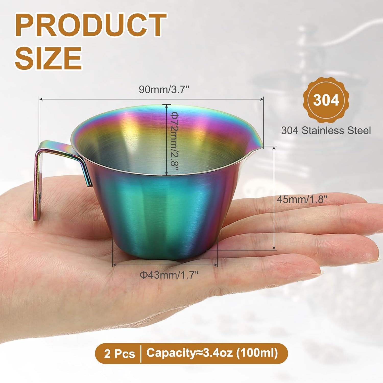 uxcell 2 Pcs Stainless Steel Espresso Cup with Handle, V-Shaped Mouth Espresso Measuring Cup with Scale for Preparing Coffee, Cocktails, 3.4OZ/100ML (Iridescent)