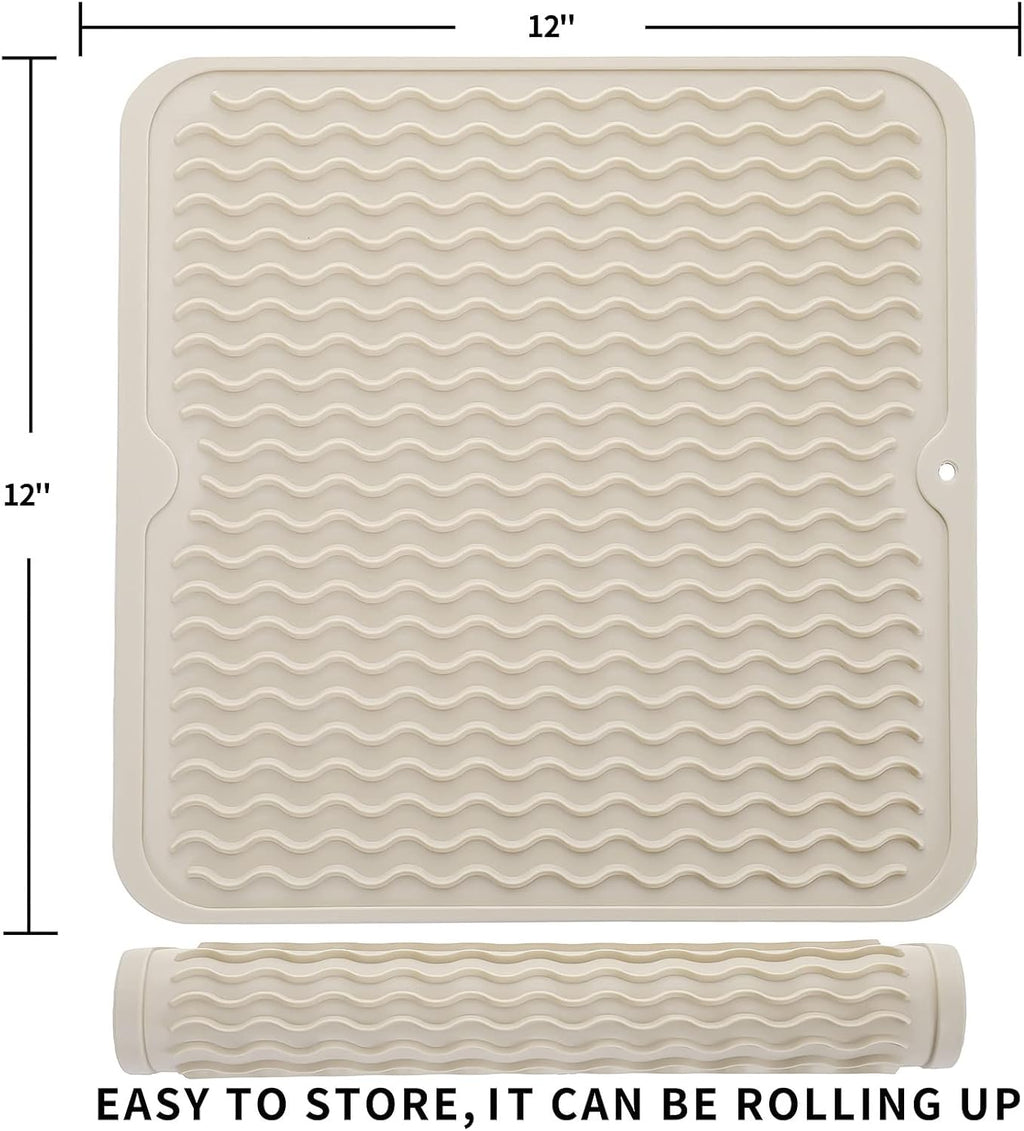 Silicone Dish Drying Mat for Multiple Usage,Easy clean,Eco-friendly,Heat-resistant Silicone Mat for Kitchen Counter or Sink,Refrigerator or Drawer liner Tapioca M 12 inches x 12 inches