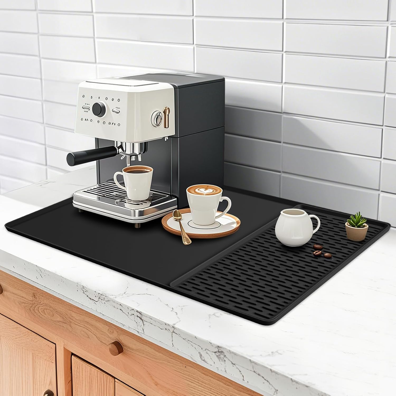 Silicone Coffee mat 24''x16'' – Non-Slip Bar Mat with Detachable Drying Layer for Espresso Machines, Countertops & Dish Racks-Black