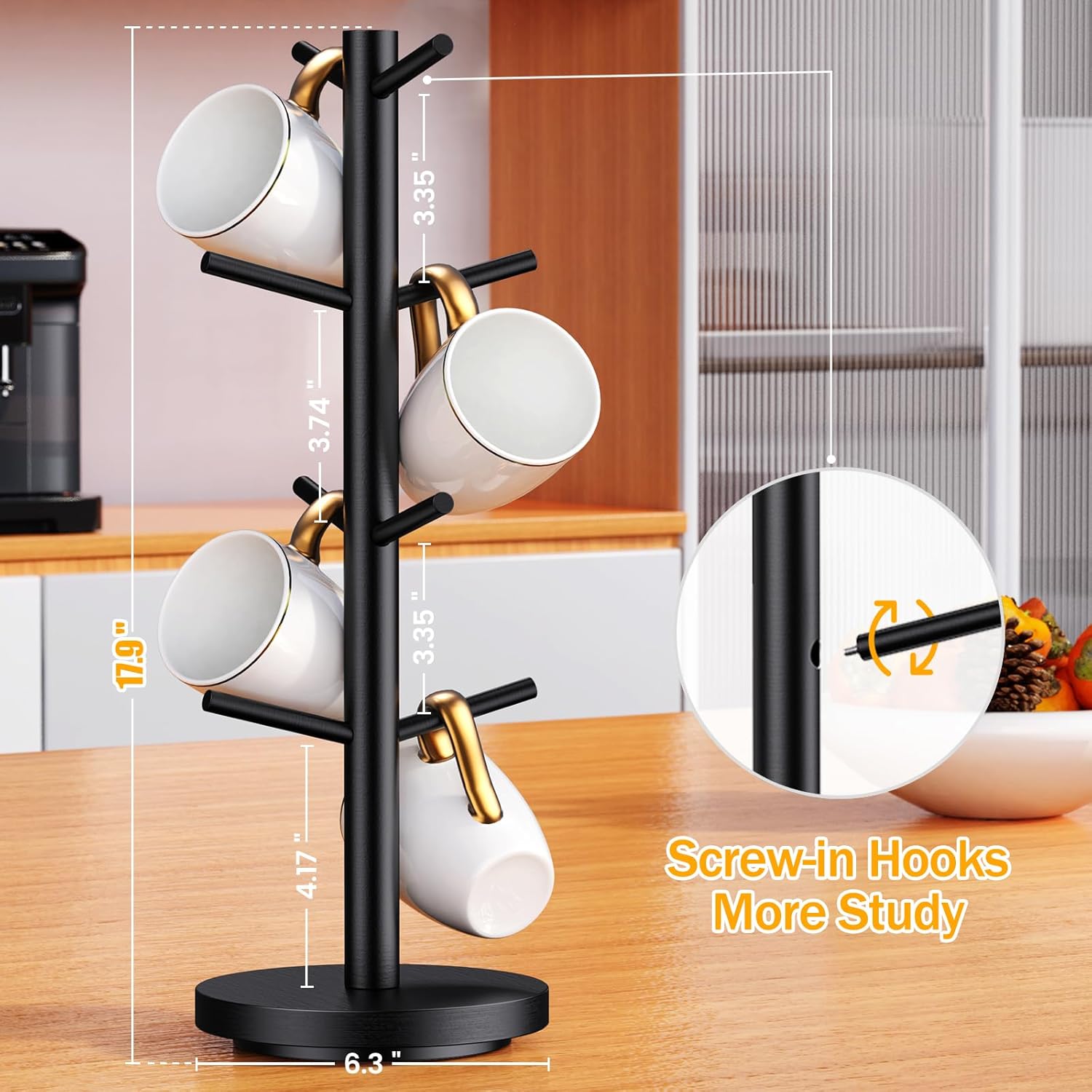 Coffee Mug Holder Tree, Upgraded 360° Rotated Coffee Cup Holder for Counter, Wood Coffee Mug Tree, Coffee Mug Rack with 8 Hooks, Coffee Mug Organizer Station, Mug Stand Coffee Bar Accessories, Black