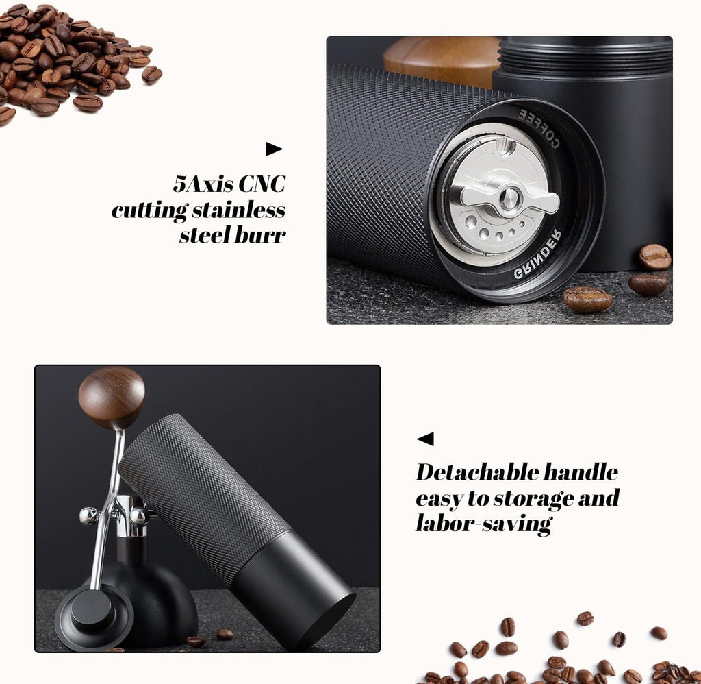 Manual Coffee Grinder Capacity 25 Grams, Stainless Steel Burrs - Wooden Handle, Burr Coffee Grinder for Home, Office, Camping, Hiking (Grey)