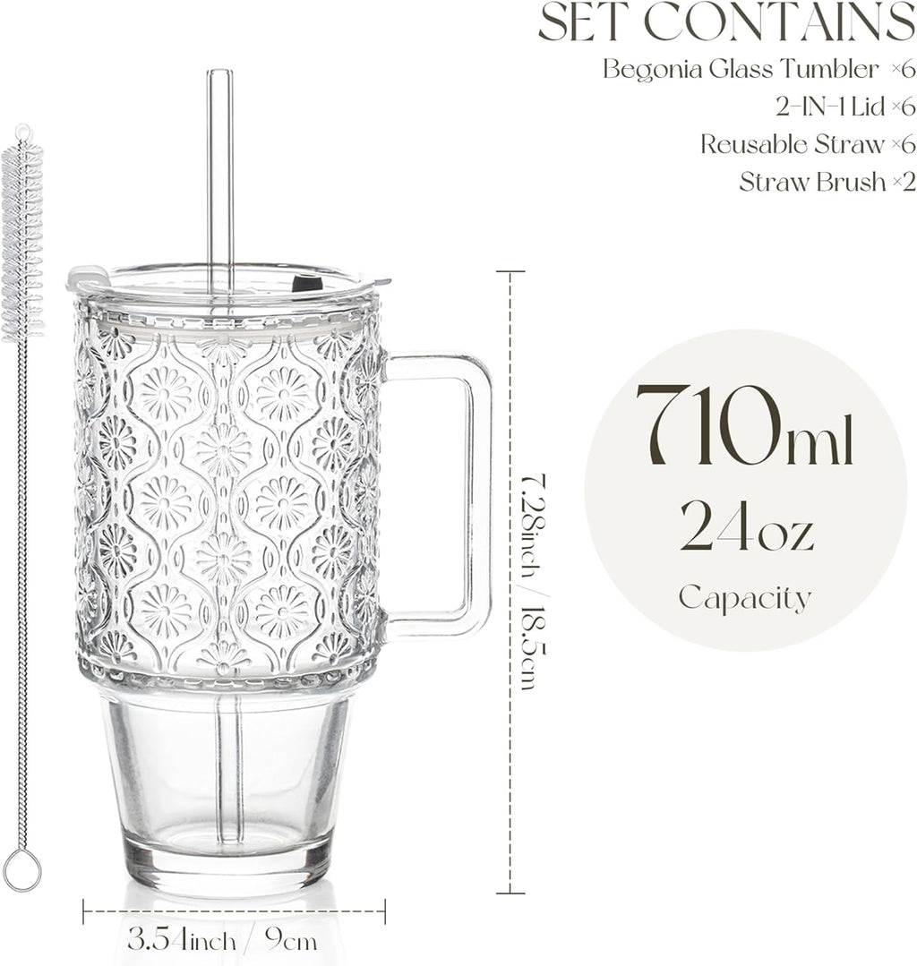 KEMORELA 6-Pack 24oz Glass Tumblers with Straws & Lids, Begonia Floral Iced Coffee Cups with Handles, Reusable Smoothie Glasses, Dishwasher Safe Cold Drinkware Set, BPA-Free Straws Included