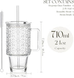 KEMORELA 6-Pack 24oz Glass Tumblers with Straws & Lids, Begonia Floral Iced Coffee Cups with Handles, Reusable Smoothie Glasses, Dishwasher Safe Cold Drinkware Set, BPA-Free Straws Included