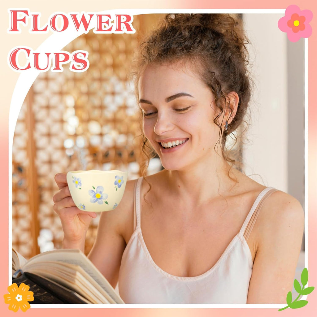 Ceramic Coffee Mug Vintage Flower Mugs 8 oz Cute Floral Coffee Mugs Irregular Latte Art Cup Lead-free Porcelain Cups for Cappuccino, Cocoa (Blue Flowers)