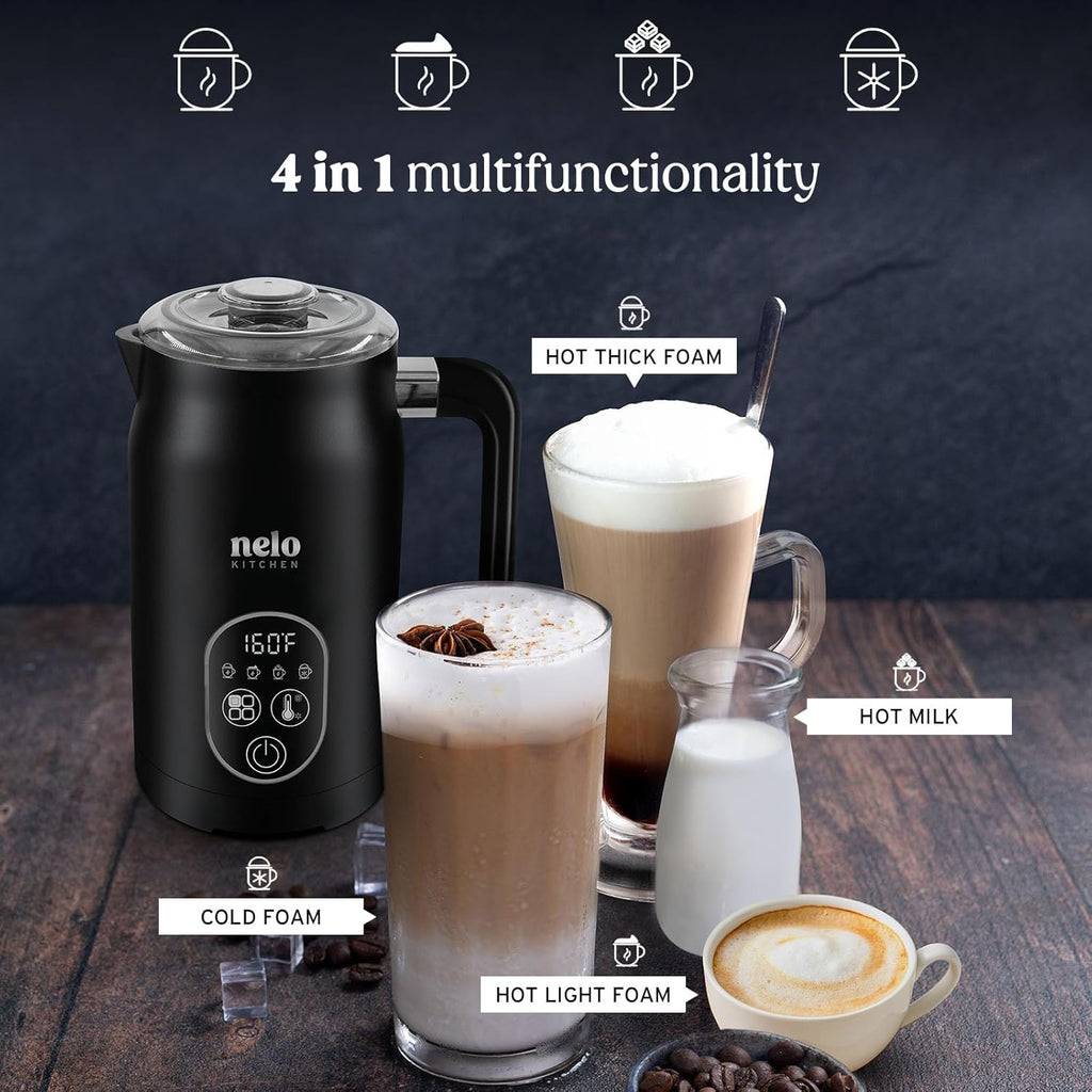 NELO Electric Milk Frother, 4 In 1 Digital Milk Frother and Steamer with Real-Time Temperature Control, Automatic Frother for Coffee, Latte, Hot Chocolate, Cappuccinos, BPA Free Stainless Steel, Black