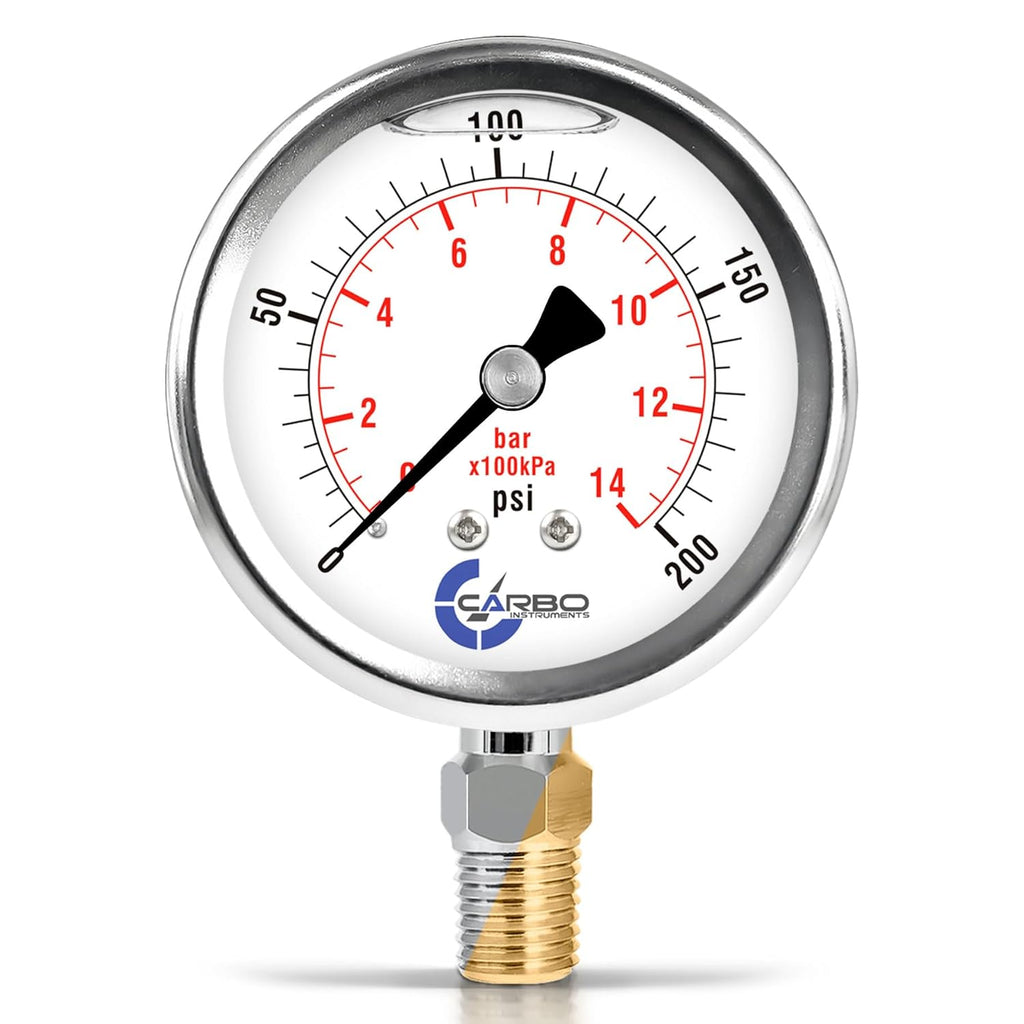 Stainless Steel Pressure Gauge Dual Display (0-200 psi/kPa) - 2 1-2" Glycerine Liquid Filled Water Air Oil Gas Gauge with Polycarbonate Lens & Brass Connection - 1/4" NPT Lower Mount