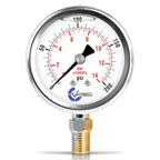 Stainless Steel Pressure Gauge Dual Display (0-200 psi/kPa) - 2 1-2" Glycerine Liquid Filled Water Air Oil Gas Gauge with Polycarbonate Lens & Brass Connection - 1/4" NPT Lower Mount