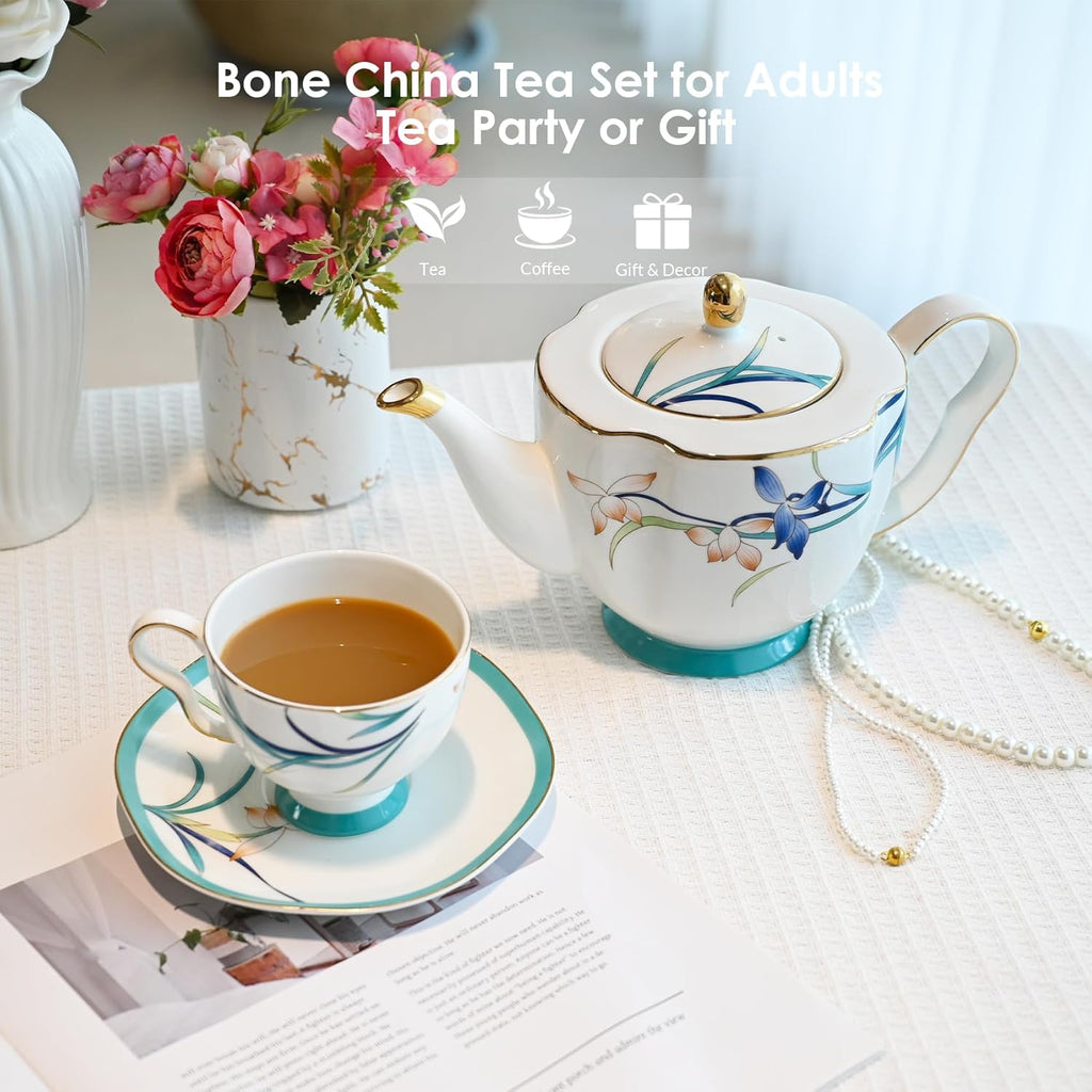 ACMLIFE Tea Cups and Saucers for 1, Bone China Teacup Set for Adults with Gold Trim and Gift Box, Blue and White Chinese English British Wedding Tea Set for One Coffee Cup Set 6.8 oz (Blue-Bamboo)