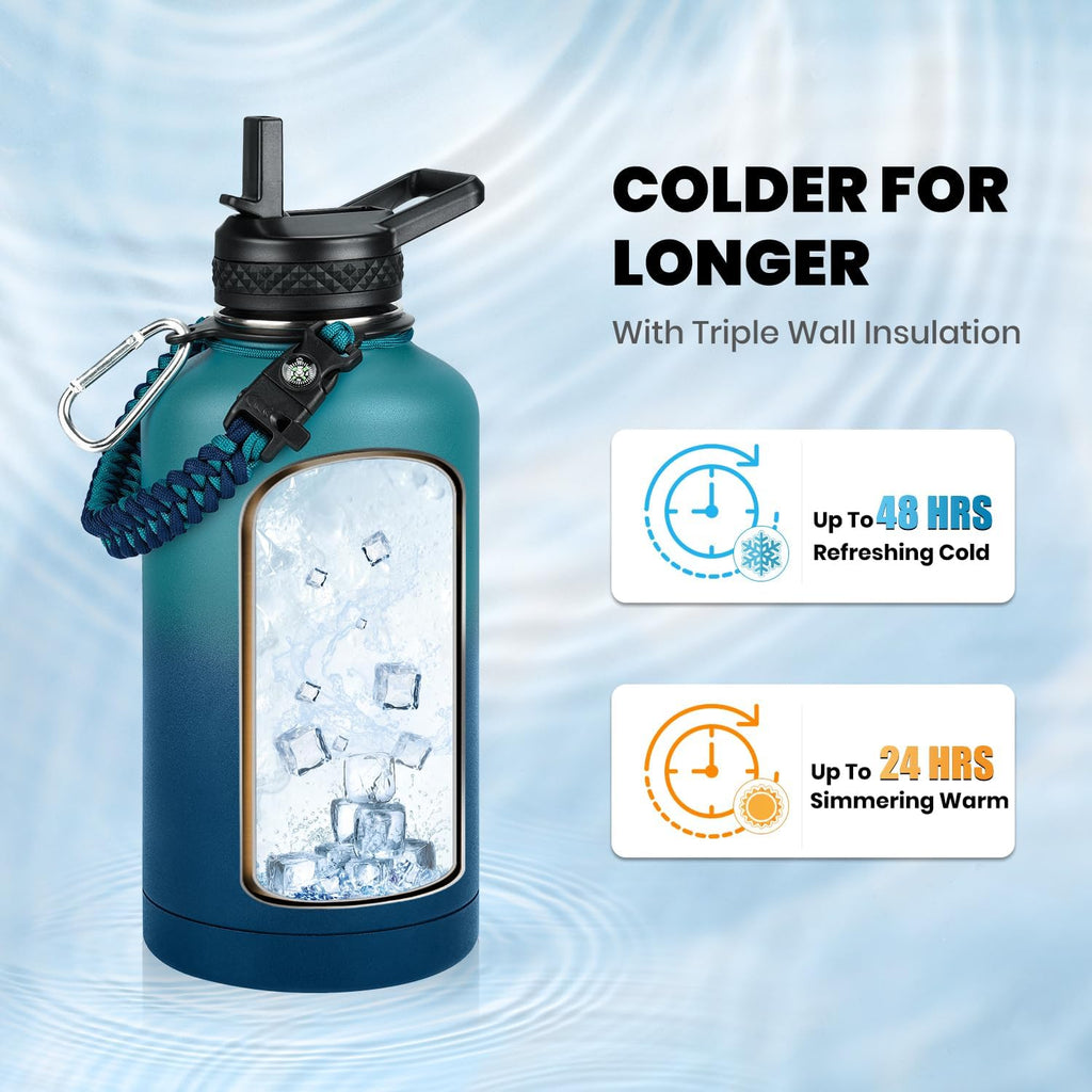 Insulated Water Bottle 64 oz, Triple Wall Vacuum Stainless Steel (Cold for 48 Hrs), Leak Proof & Non-BPA, Half Gallon Water Flask Jug with Paracord Handle & Straw Spout Lids, Cyan Blue