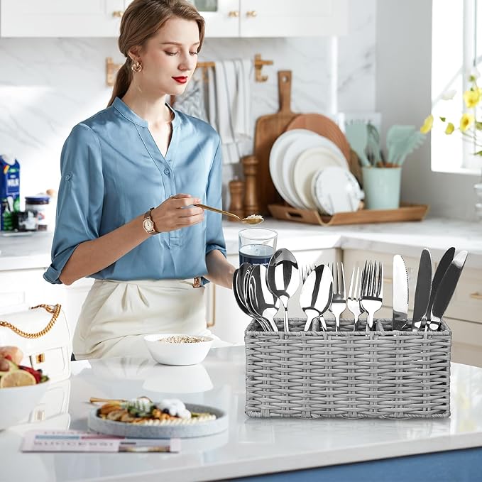 Ayiaren Grey Plastic Cutlery Silverware Holder Small Utensil Organizer Holders for Kitchen Counter Party Flatware Caddy Table Silverware Organizer Basket Spoon Knife Fork Holder Picnic Utensil Caddy