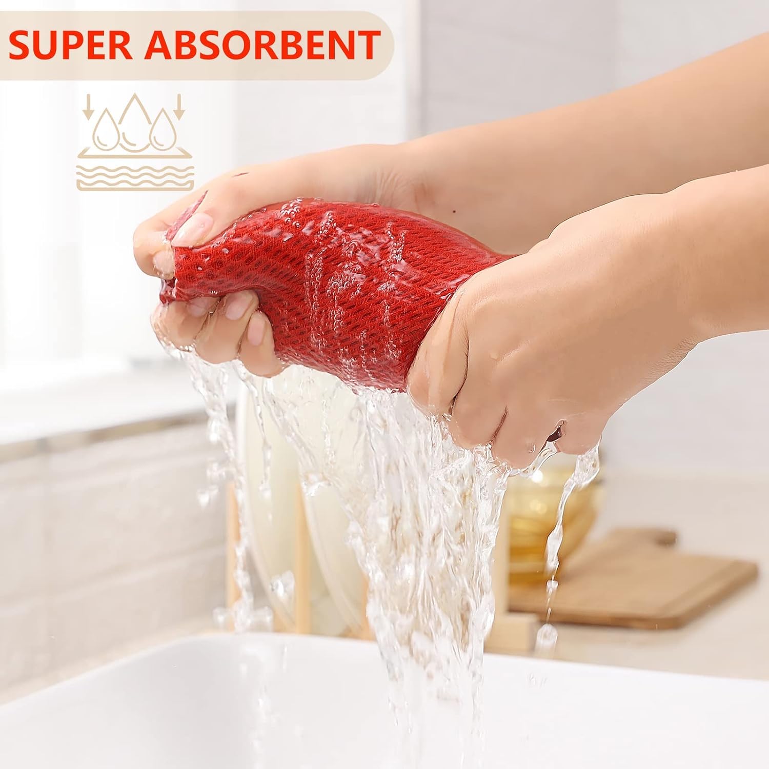 Kitinjoy 100% Cotton Waffle Weave Kitchen Towels, 6-Pack Super Soft and Absorbent Dish Towels for Drying Dishes, Kitchen Hand Towels, 13 in x 28 in, Brick Red