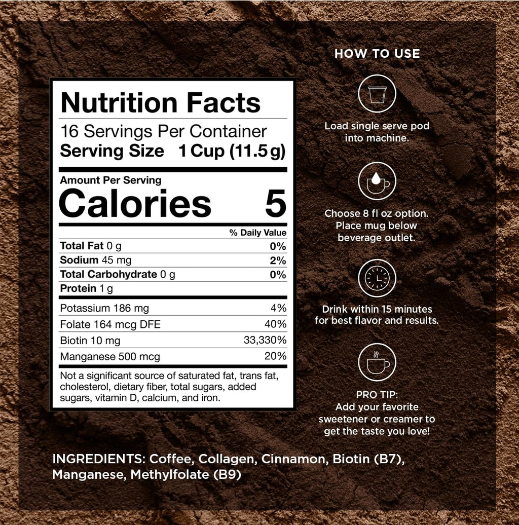 VitaCup Beauty Collagen Coffee Pods for Hair, Skin & Nails, with Biotin & Folate, Medium Dark Roast, Keto Friendly, Recyclable Single Serve Pod Compatible with Keurig K-Cup Brewers,64 Ct