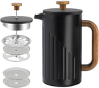 Rorence 34oz French Press Coffee Maker, Coffee Press with Real Wood Handle & Plunger Head, Double Wall Insulation & Dual-Filter Screen, incl. replaced filters & instructions, Black