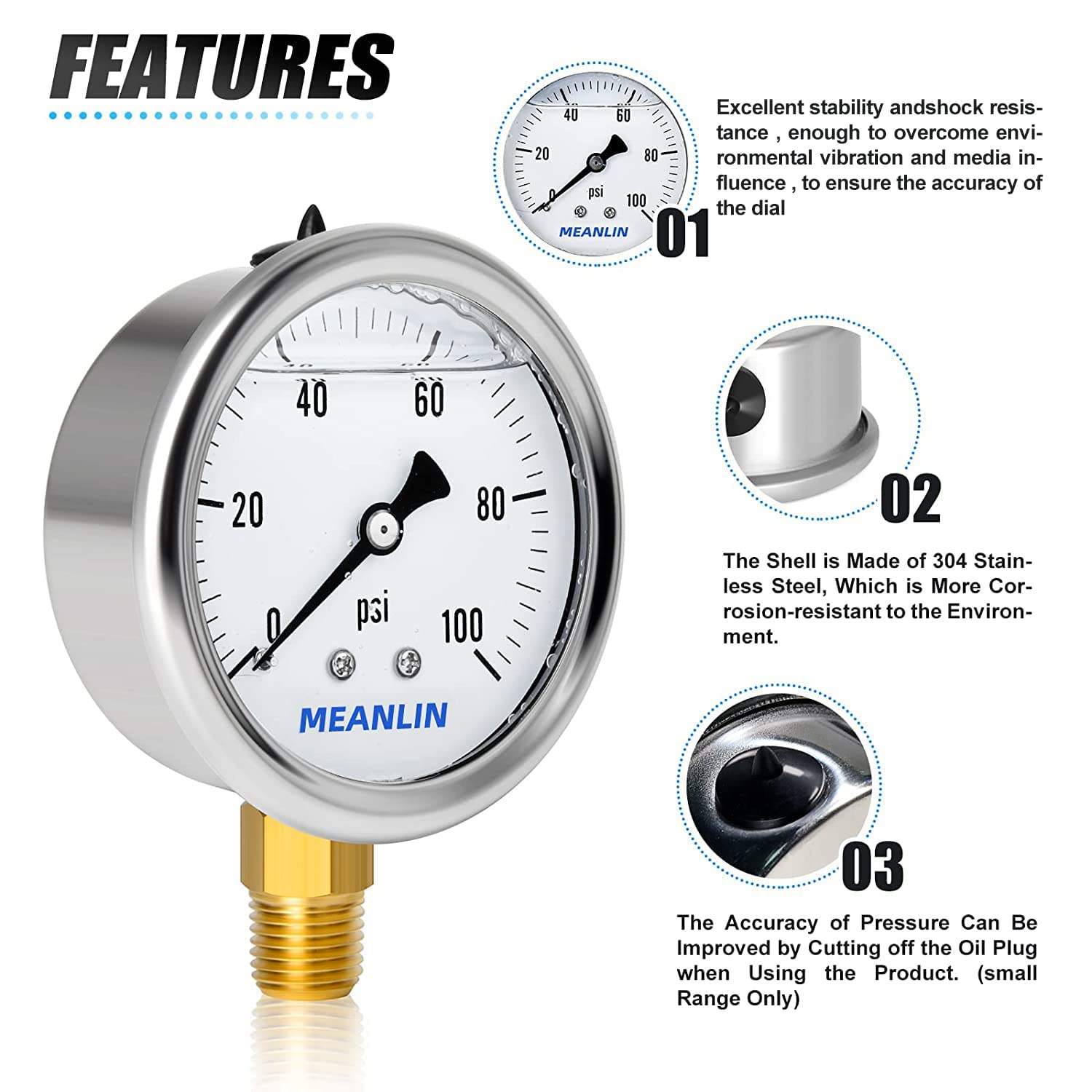 MEANLIN MEASURE 2pcs 0~100Psi Stainless Steel 1/4" NPT 2.5" Single Scale FACE DIAL,Glycerin Filled Pressure Gauge, Lower Mount with 1/4" x 1/2" NPT and 1/4" x 3/8" NPT Hex Bushing