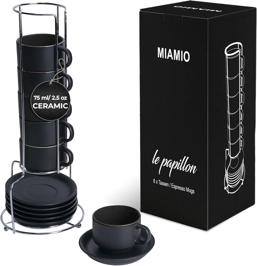 MIAMIO - 2.5 oz Espresso Cup Set with Saucers Coffee Mug Set of 6 - Ceramic Coffee Mug Stackable Espresso Mug with Stand for Coffee Drinks, Latte, Cafe Mocha - Le Papillon Collection (Black)
