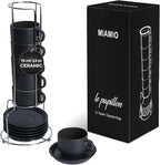 MIAMIO - 2.5 oz Espresso Cup Set with Saucers Coffee Mug Set of 6 - Ceramic Coffee Mug Stackable Espresso Mug with Stand for Coffee Drinks, Latte, Cafe Mocha - Le Papillon Collection (Black)