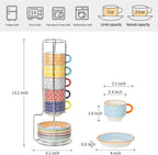 Selamica Ceramic Espresso Cups with Saucers, 2.5 OZ Stackable Demitasse Cups with Metal Stand, Mini Espresso Mugs for Latte Coffee Café Mocha Tea, Set of 6, Assorted Colors