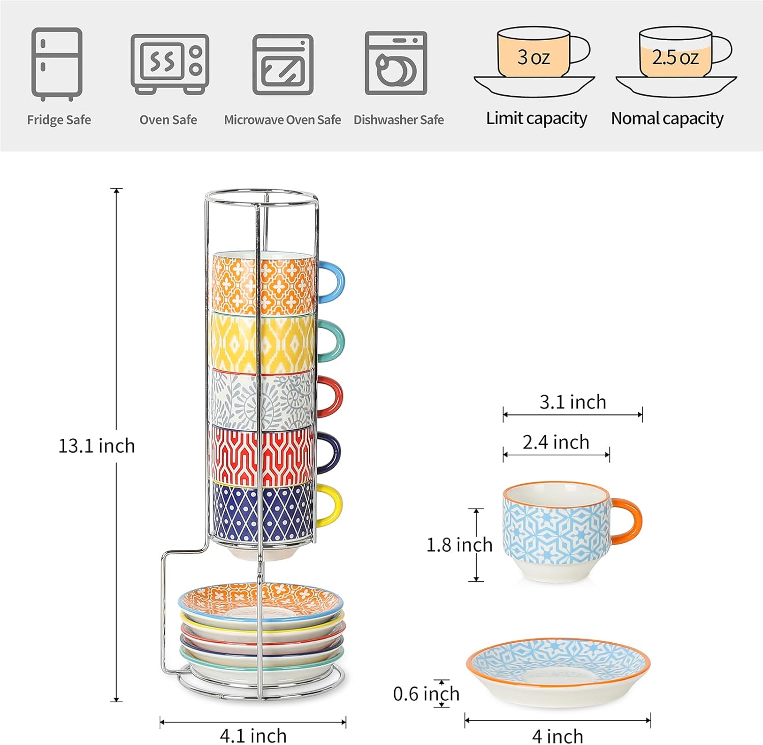 Selamica Ceramic Espresso Cups with Saucers, 2.5 OZ Stackable Demitasse Cups with Metal Stand, Mini Espresso Mugs for Latte Coffee Café Mocha Tea, Set of 6, Assorted Colors