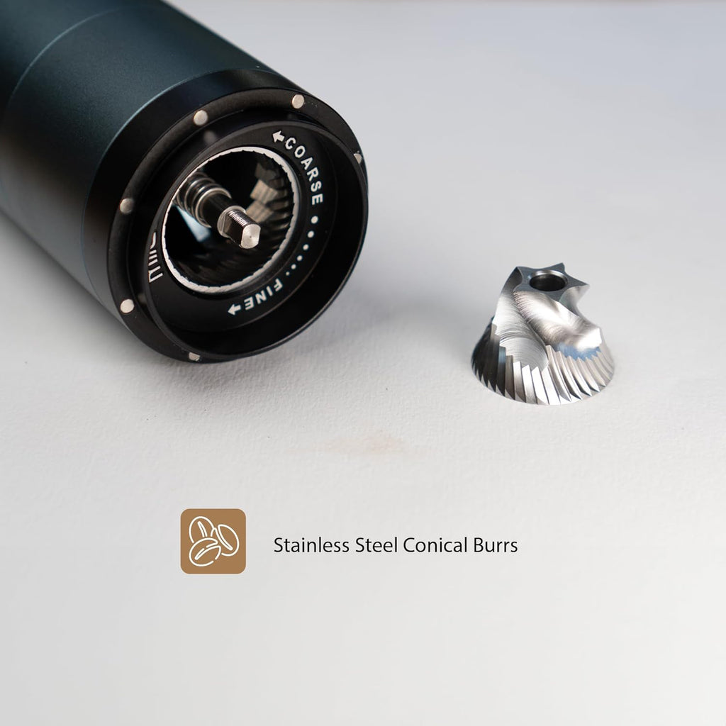PT1 Portable Electric Burr Coffee Grinder V2, USB-C Rechargeable Stainless Conical Burr Grinder, Aluminum Body with Cleaning Brush Included