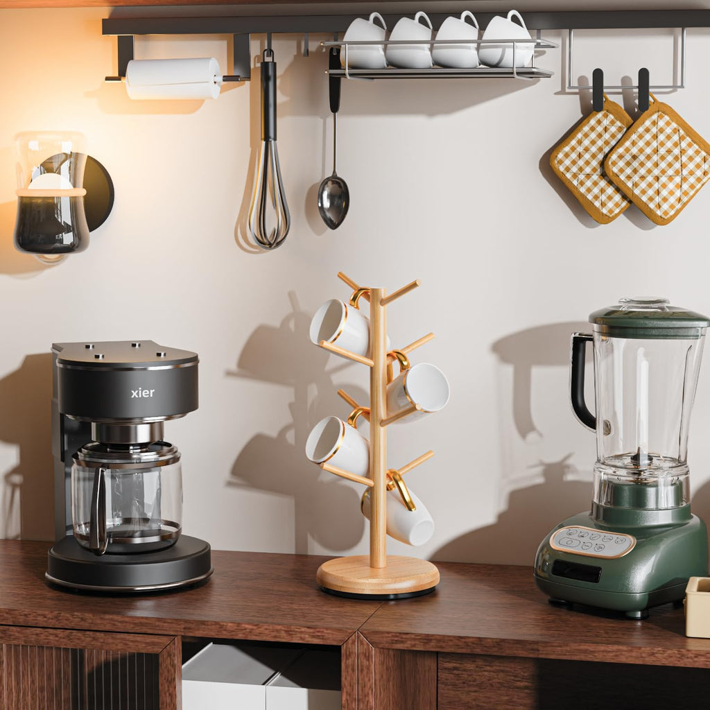 BAMBANG Mug Holder Tree, 360° Rotating 8 Hooks Coffee Cup Holder for Counter Top, Bamboo Coffee Mug Rack Stand for Kitchen Countertop Home, Natural