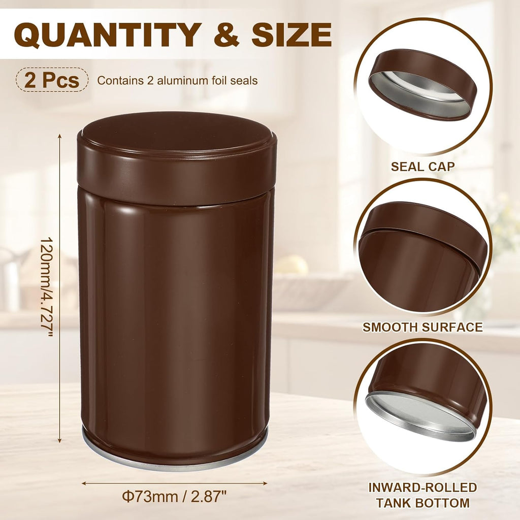 uxcell 2Pcs Round Tea Canisters, 5" x 3" Airtight Metal Tea Containers for Loose Tea, Coffee Beans, Spices - Durable, Compact, and Stylish Storage Tea Tin (Brown)