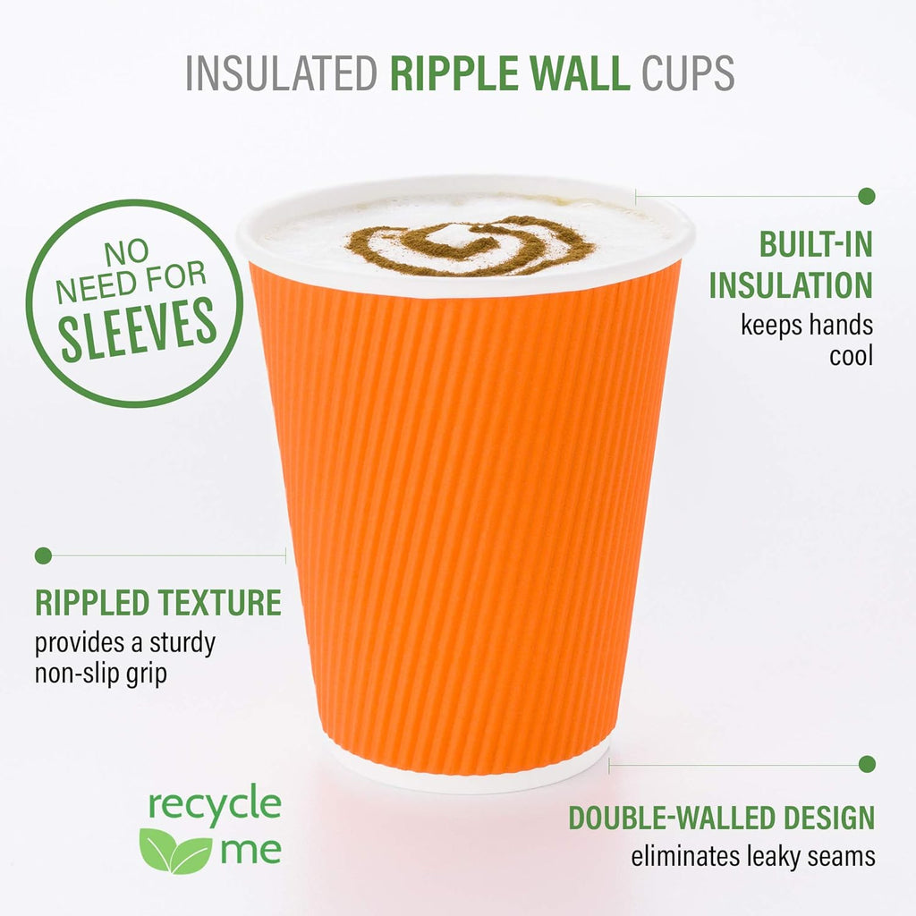 Restaurantware 16 Ounce Ripple Wall Disposable Coffee Cups, 500 Insulated Orange Paper Tumblers, Rolled Rim Design, Lids Sold Separately for Hot Drinks like Tea, Hot Chocolate and More