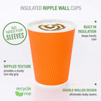 Restaurantware 4 Ounce Paper Cups, Pack of 25 Ripple Wall Disposable Cups â€“ Leakproof, Recyclable, Tangerine Insulated Hot Beverage Holders, with Matching Lids Available for Purchase Separately