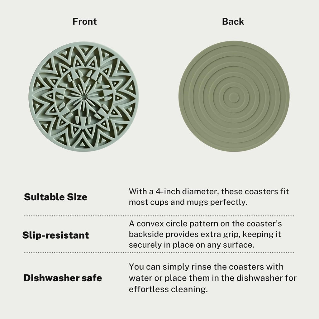 Set of 6 Olive Green Silicone Coasters with Holder, Drink Coasters with Tribal Pattern Shape- for Table Protection, Anti Slip, Nonstick, Heat Resistant, Deep Tray