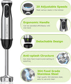 Bonsenkitchen Immersion Handheld Blender with Whisk, 20-Speed & Turbo Mode Hand Blender Stick 500W, 304 Stainless Steel Hand Blender for Soup, Smoothie, Puree, Baby Food