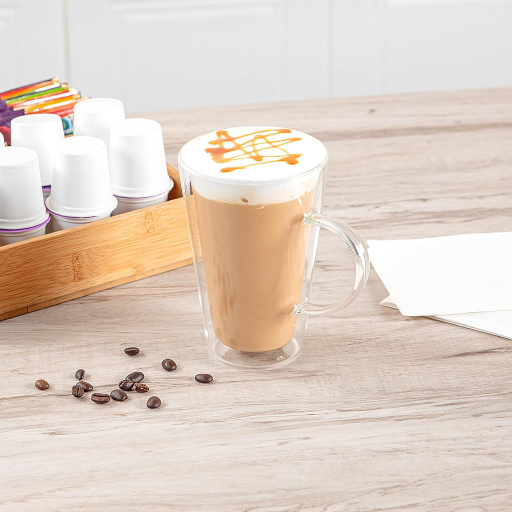 Restaurantware-Forma Professional 13.5 oz Double Wall Glass Mugs, 12 Insulated Coffee Mugs With Handle - Dishwashable, Reusable, Clear Glass Beverage Cups, Freezable, For Hot Or Cold Beverages