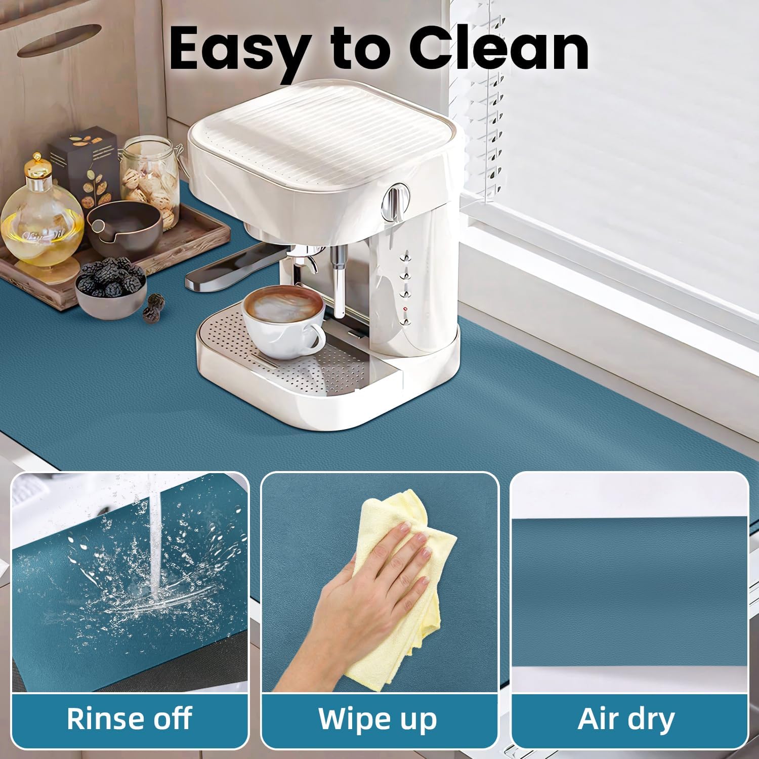 PoYang 31"x17" Coffee Mat X-Large, Coffee Bar Accessories for Countertop, Absorbent Dish Drying Mat, Anti-Slip and Hide Stain Pad for Espresso Machine, Espresso Maker and Kitchen Counter, Blue