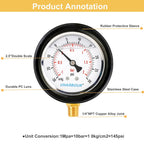 Pressure Vacuum Gauge 2-1/2" Dial Liquid Filled -30 inhg/30 PSI, Rubber Protective Case, 1/4" Brass Lower Mount, Including 1/4" to 1/8" Thread Adapter and Teflon Tape