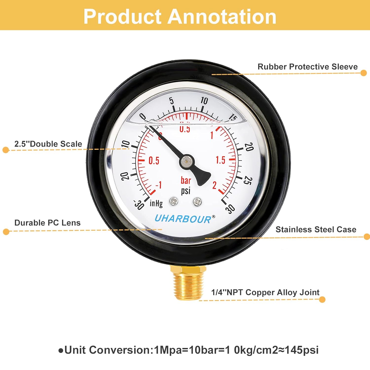 Pressure Vacuum Gauge 2-1/2" Dial Liquid Filled -30 inhg/30 PSI, Rubber Protective Case, 1/4" Brass Lower Mount, Including 1/4" to 1/8" Thread Adapter and Teflon Tape