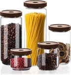 Glass Jars with Airtight Wood Lids - Small Large Kitchen and Pantry Storage Containers, Canisters for Spaghetti, Noodles, Pasta, Ground Coffee, Sugar, Cereal, Spice, Salt, Salad, Matcha, Set of 5