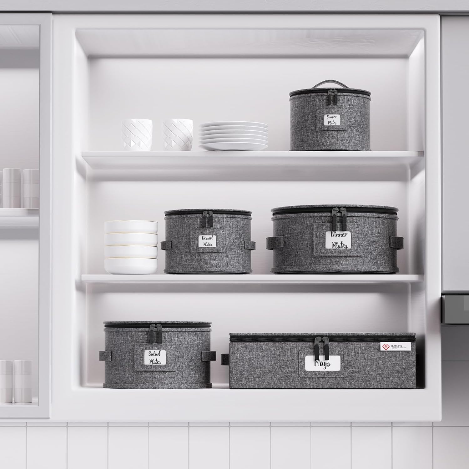 YearningHome China Storage Containers,Hard Shell Box with Felt Dividers for Dishes,Dinnerware,Plates,Mugs,Wine and Glasses,Mugs,Stackable Fine China Storage for Moving and Packing 5 Piece,Grey