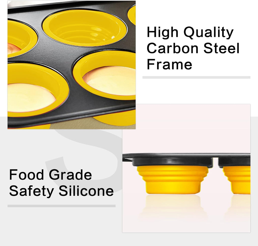 Silicone Muffin Pan for Baking with Metal Frame, 6 Cup Muffin Pan Molds, Non Stick Baking Tray for Ovens, Bakeware with Press to Release Design, Egg Bites Silicone Mold, Dishwasher & Oven Safe, Yellow