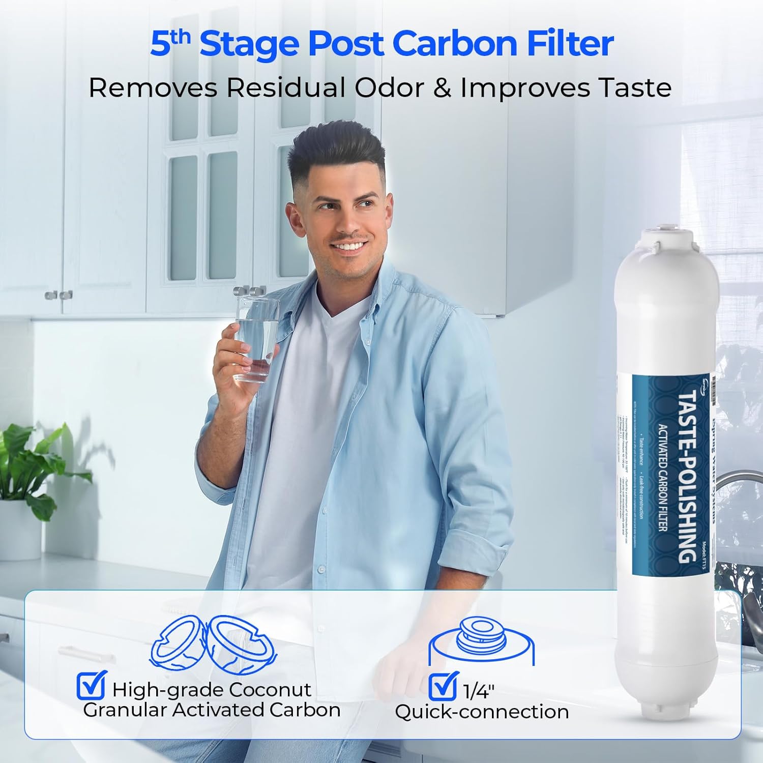 iSpring FT15 NSF Certified 5th Stage Inline Post Carbon Water Filter, Replacement Cartridge with 1/4" Quick Connect for Refrigerator, Ice Maker, RO Reverse Osmosis Water Filtration System
