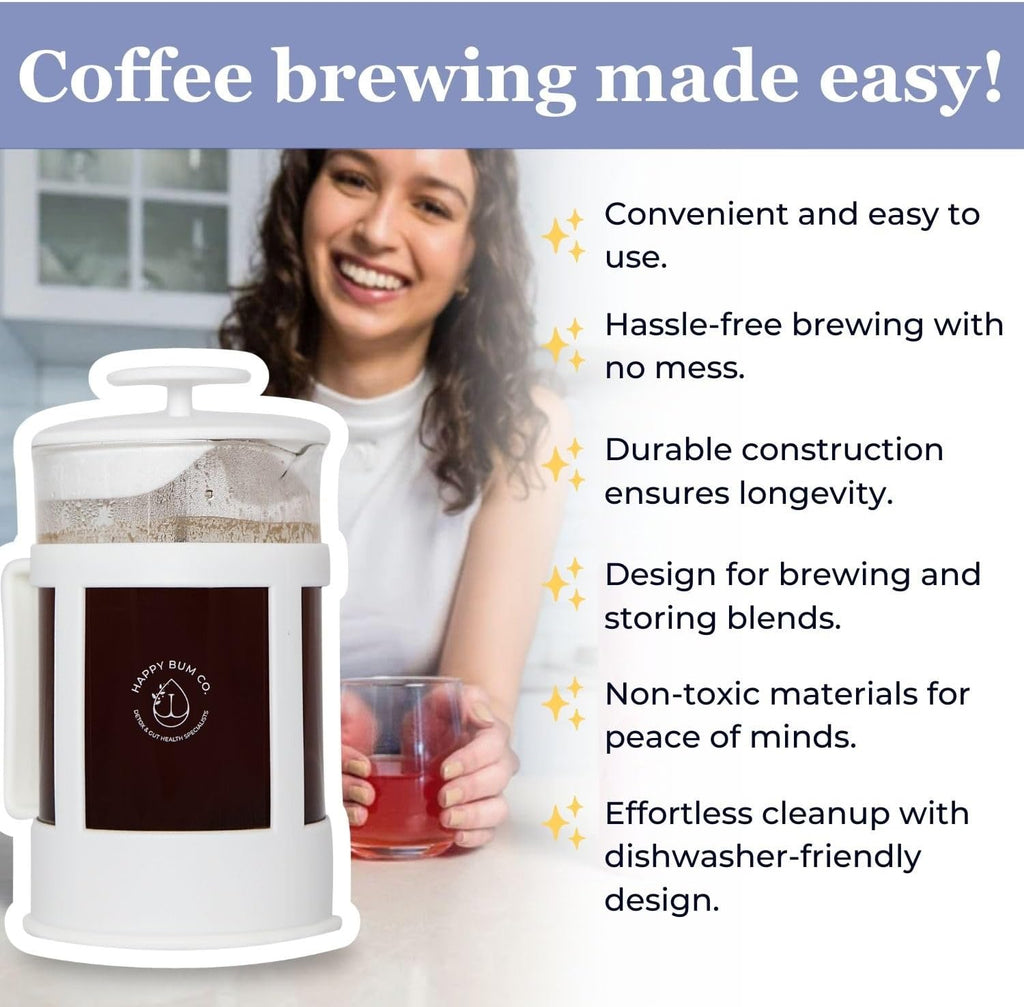Happy Bum Coffee Plunger | 1 Liter(33.8oz) Glass French Press Stainless Steel Strainer | Easy to Use & Clean French Coffee Press Glass for Brewing and Storing Coffee Blend