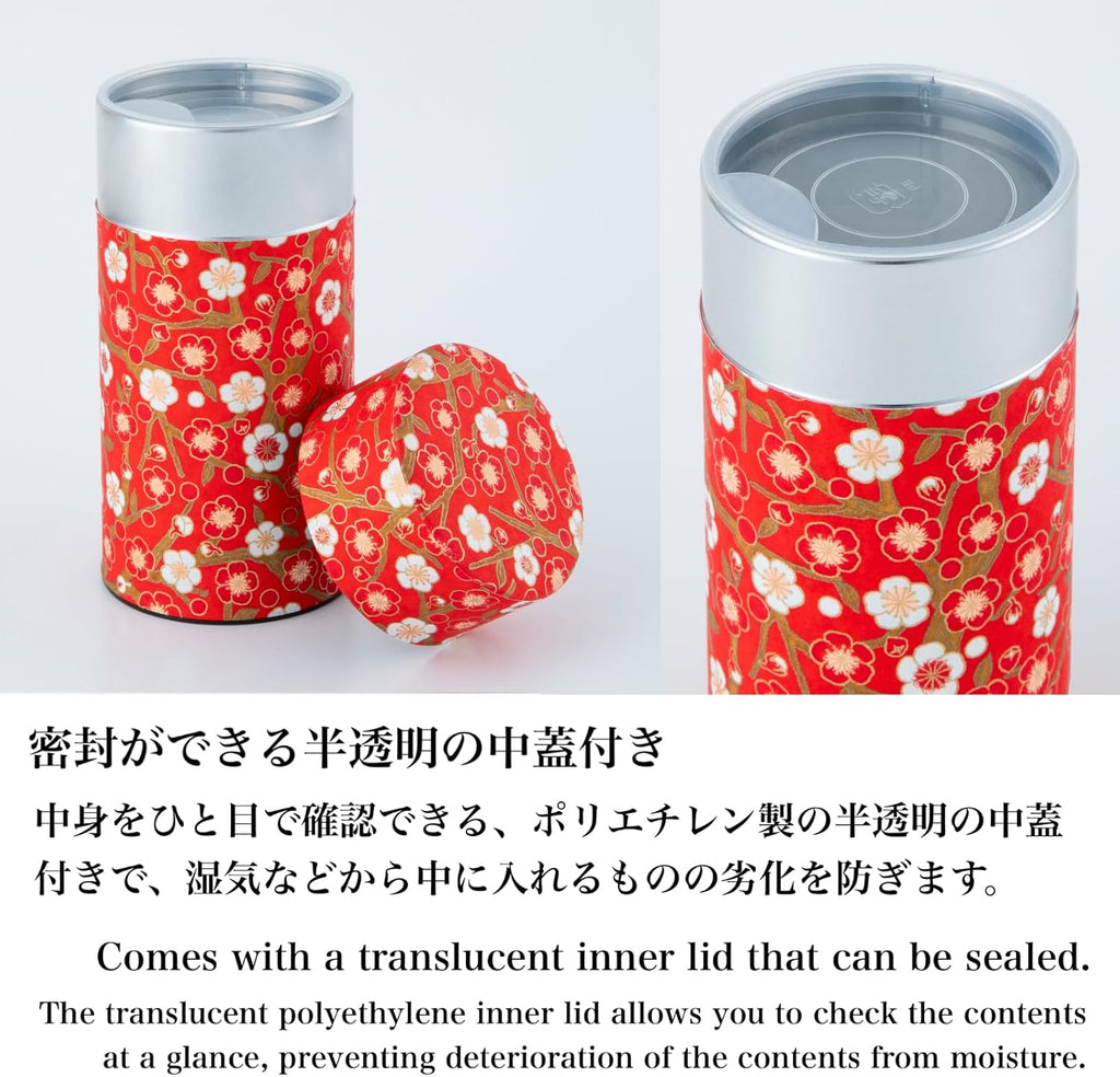 NOREN Japanese Tea Canister Tin (Yuzen Washi Paper - Plum/Red), 7.06oz Size/Made in JAPAN with Includes Inner Lid of Airtight Damp-Proof/Kitchen Jar for Loose Leaf Coffee Tea Spice and More