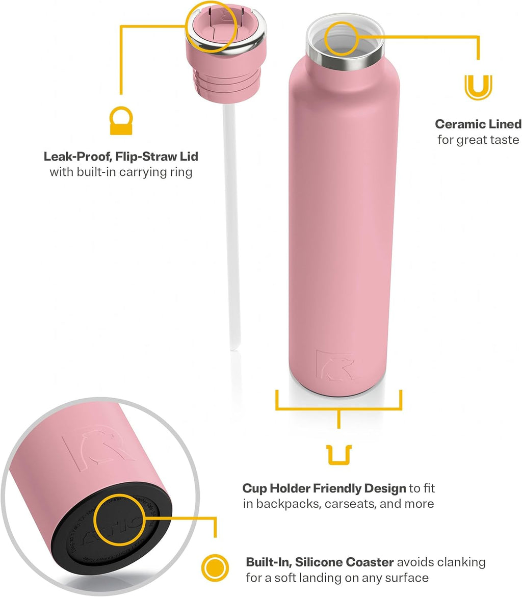 RTIC 26oz Journey Bottle Metal Stainless Steel Vacuum Insulated, BPA Free, Reusable, for Water, Hot and Cold Drinks, Travel, Sports, Camping, Dusty Rose