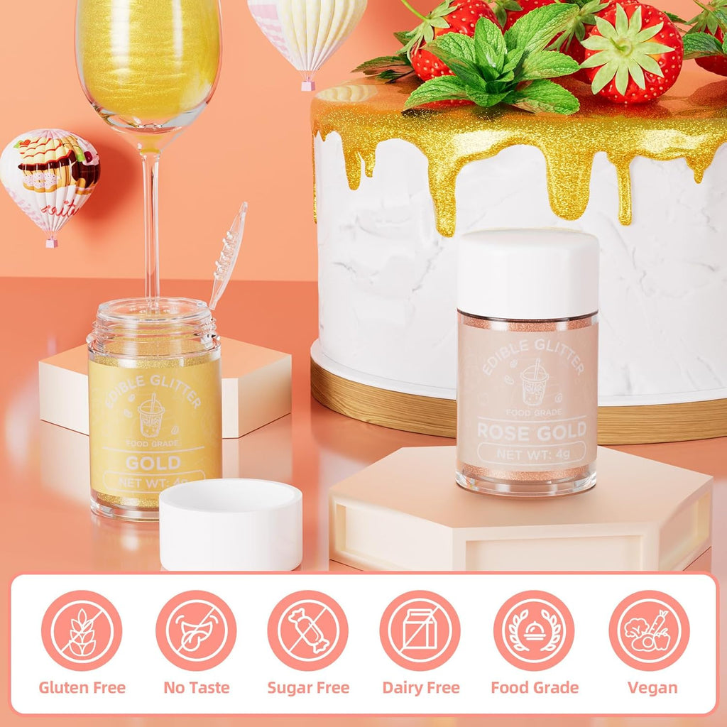 Cherrysea Edible Glitter for Drinks Cocktails Food Grade Edible Drink Shimmer Powder for DIY Champagne Beverages Wine 2 Colors Vegan Edible Luster Dust Set 4g/Bottle Gluten Free - Rosegold & Gold