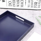 Navy Blue Serving Tray for Coffee Table, Rectangular Plastic Decorative Tray with Handles for Entertaining, Outdoor Patio, Living Room, Ottoman, Bathroom Counter, 11.8”*15.7”*1.6”