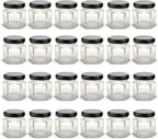 1.5 oz Hexagon Mini Glass Jars with BLACK Lids and Labels (Pack of 24)